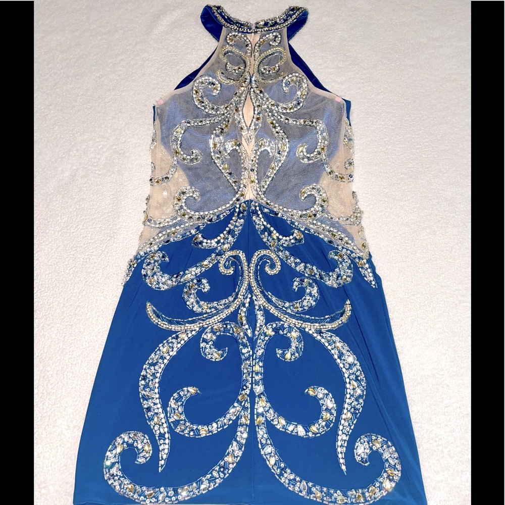 Blue Jeweled Beaded Homecoming Dress